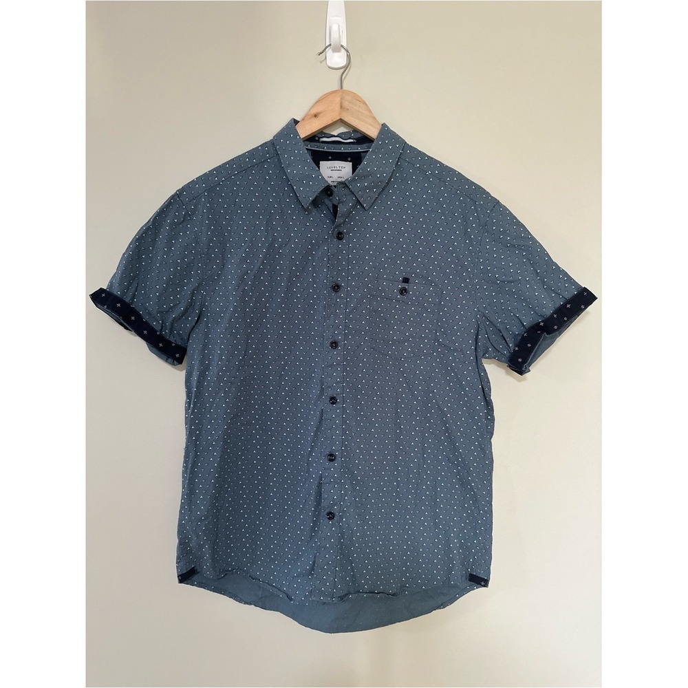 Geometric Preppy Level Ten Button Up Shirt Large Blue Modern Short Sleeve Geo